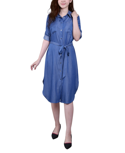 Ny Collection Petite 3/4 Roll Tab Sleeve Denim Dress In Medium Dot