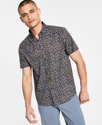 Society Of Threads Men's Slim-fit Performance Stretch Floral Short-sleeve Button-down Shirt In Black