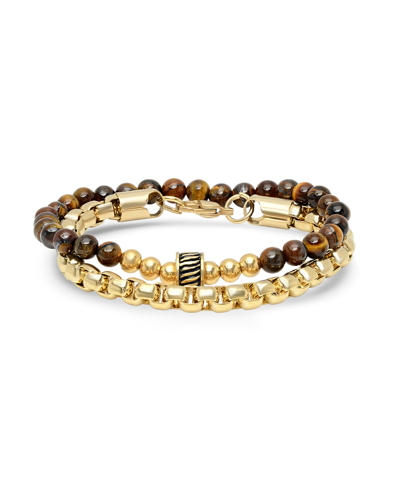 Steeltime Men's 2 Pieces 18k Gold Plated Stainless Steel Rounded Box Chain Bracelet And Tiger Eye Beaded Brace