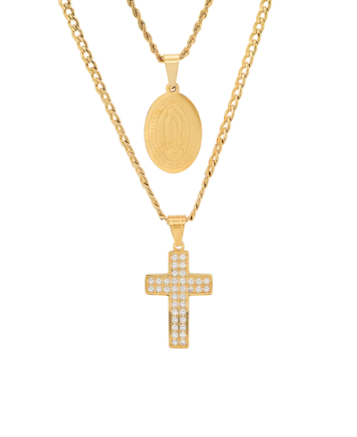 Steeltime Men's 2 Pieces 18k Gold Plated Stainless Steel And Simulated Diamonds Double Layered Cross And Our L