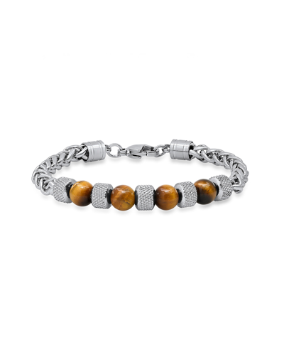 Steeltime Men's Stainless Steel Wheat Chain And Tiger Eye Beads Bracelet In Silver-tone