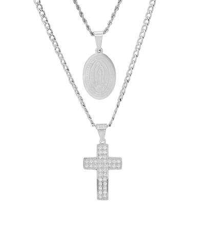 Steeltime Men's 2 Pieces Stainless Steel And Simulated Diamonds Double Layered Cross And Our Lady Of Guadalupe In Silver-tone
