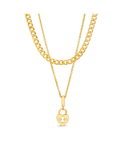 Kensie Rhinestone Double Layered Heart Lock Necklace Set In Yellow Gold-tone