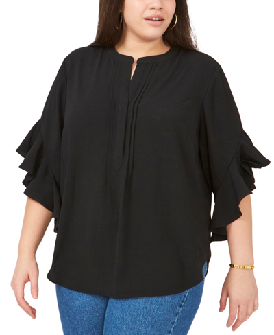 Vince Camuto Plus Size Ruffle Sleeve Henley Blouse In Rich Black
