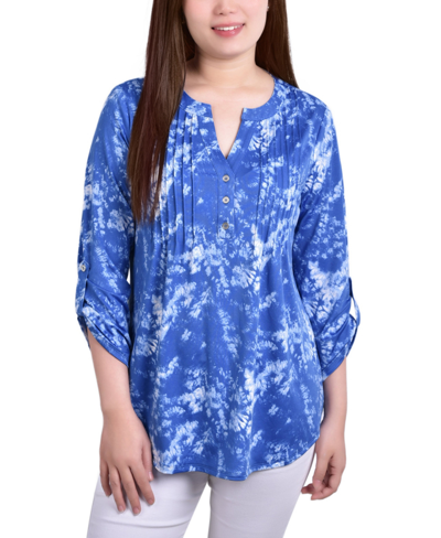 Ny Collection Petite Knit Jacquard 3/4 Sleeve Roll Tab Pintuck Top In Royal Blue Tie Dye