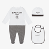 Balmain Baby Onesie, Bib, And Hat Set In White