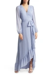 Wayf Meryl Long Sleeve Wrap High-low Cocktail Dress In Dusty Blue
