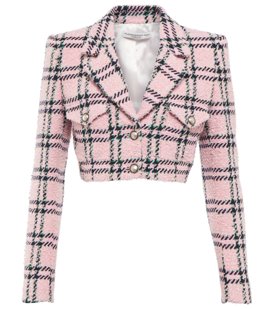 Alessandra Rich Cropped Embellished Checked Wool-blend Tweed Blazer In Blue