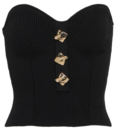 Self-portrait Strapless Button-embellished Ribbed-knit Top In Black