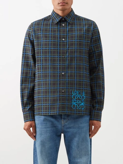 Loewe Anagram-print Checked Relaxed-fit Silk And Cotton-blend Shirt In Blue