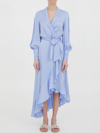 Zimmermann Asymmetric Ruffled Silk-satin Midi Wrap Dress In Light Blue