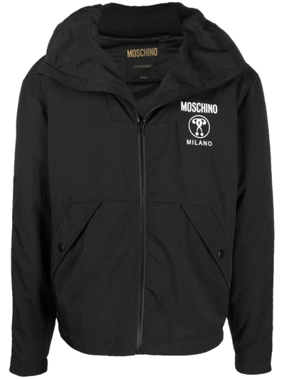 Moschino Zipped Jacket With Printed Logo In Black