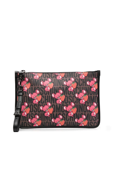 Moschino Mouse-print Logo Clutch Bag In Brown