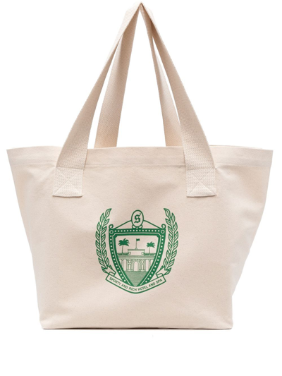 Sporty And Rich Beverly Hills Crest-print Canvas Tote Bag In Nude