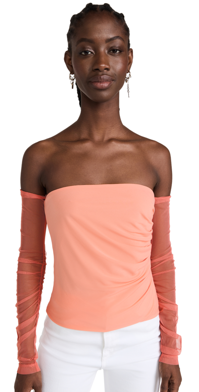 Helmut Lang Sheer-long Sleeve Off-the-shoulder Top In Coral
