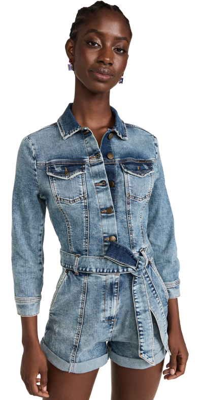 Retroféte Kerry Belted Denim Romper In Light Rip Tide