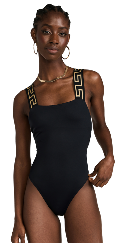 Versace Square-neck Greca-strap One-piece Swimsuit In Black