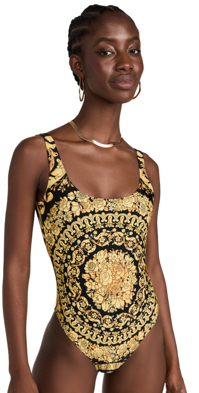 Versace One Piece Swimsuit With Baroque Print In Gold