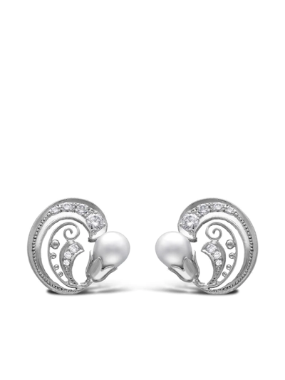 Pragnell Vintage 18kt White Gold Pearl And Diamond Scroll Clip Earrings In Silber