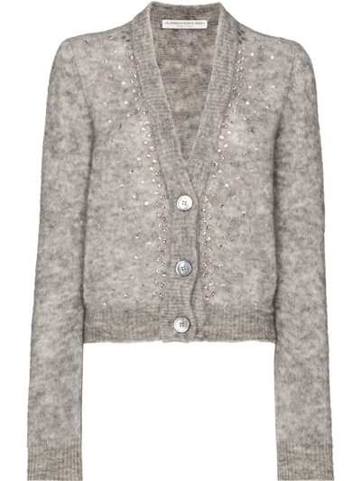 Alessandra Rich Cropped Crystal-embellished Knitted Cardigan In Grey
