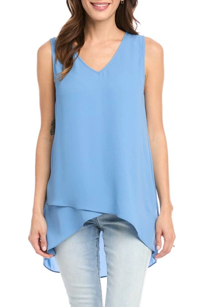 Karen Kane V-neck Layered Asymmetric Crepe Tank In Chambray