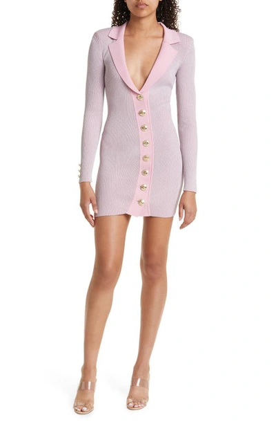 Retroféte Mimi Button Front Long Sleeve Rib Dress In Pink Marshmallow