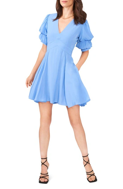 1.state Puff Sleeve Tiered Short Dress In Blue Iris