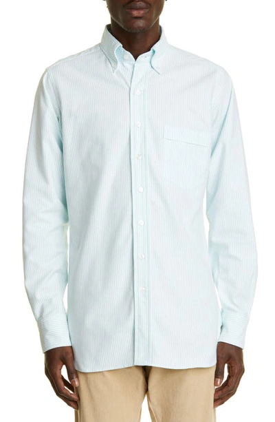 Drake's Stripe Button-down Poplin Shirt In Aqua