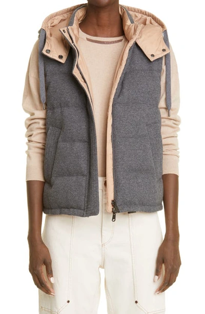 Brunello Cucinelli Cashmere Reversible Taffeta Down Vest In Charcoal