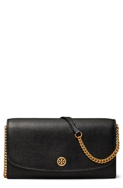 Tory Burch Robinson Leather Wallet On A Chain In Black