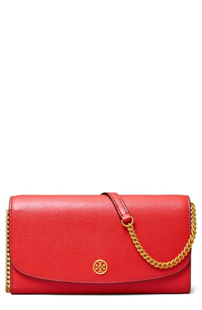 Tory Burch Robinson Leather Wallet On A Chain In Bright Carnelia