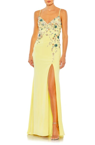 Mac Duggal Floral Beaded Sheath Gown In Buttercup