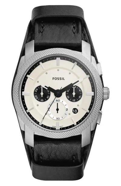 Fossil Men's Machine Chronograph, Double Pad Black Leather Strap Watch 42mm In Black / White