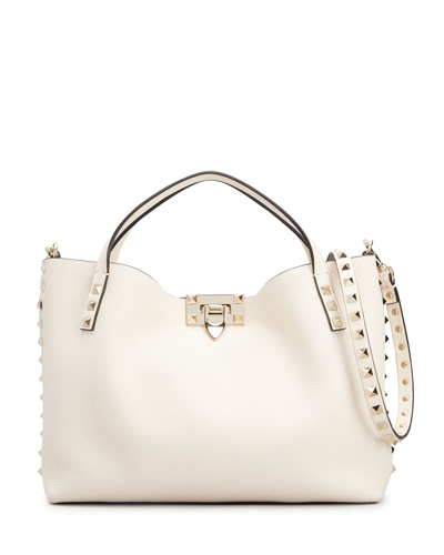 Valentino Rockstud Calfskin Small Tote Bag In Light Ivory