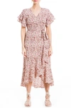 Maxstudio Ruffle Crepe High/low Wrap Midi Dress In Ecru/ Port Waving Floral