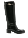 Ferragamo Tall Square-toe Boots Gold Hardware In Black