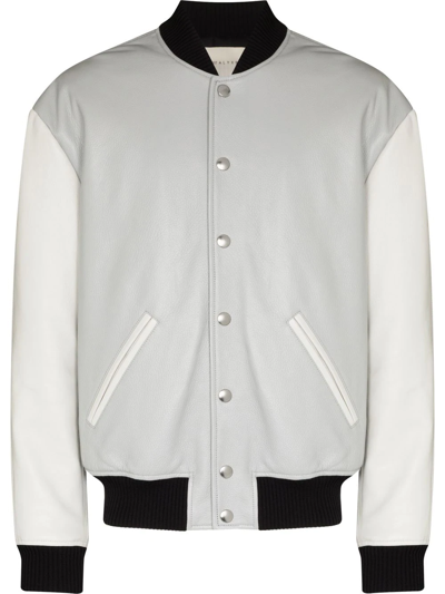 Alyx Grey Embroidered Leather Varsity Jacket In Grey White