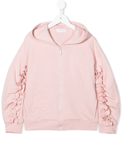Monnalisa Ruched Embroidered Hoodie In Pink