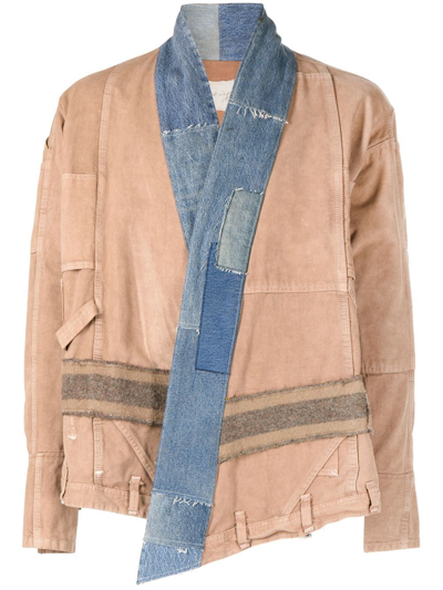 Greg Lauren Patchwork-design Denim-trim Jacket In Brown