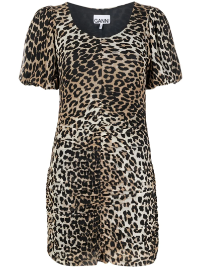 Ganni Leopard Print Ruched Detail Bodycon Mini Dress In Brown