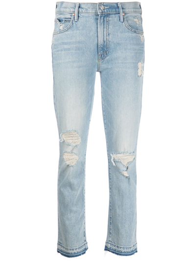 Mother The Rascal Ankle Undone Distressed Mid-rise Slim-leg Jeans In Blue