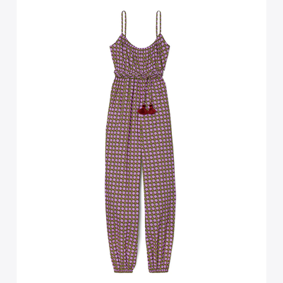 Tory Burch Printed Jumpsuit In 3d Checkered Logo Lilac
