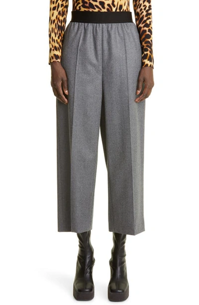 Stella Mccartney Elastic Waist Crop Wide Leg Wool Flannel Pants In Grey