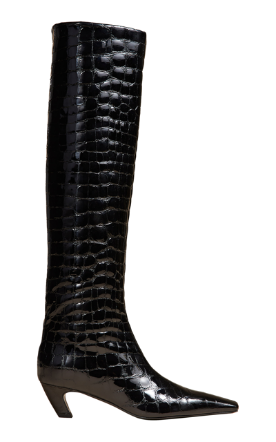 Khaite Davis 50 Croc-embossed Leather Knee-high Boots In Black