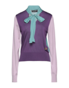 Dolce & Gabbana Long-sleeved Multi-colored Silk Sweater With Pussy-bow And Dg Embellishment In Dark Purple