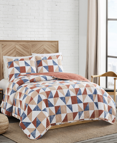 Lucky Brand Crafted Heritage 3 Piece Quilt Set, Queen Bedding In Off-white Blue Red