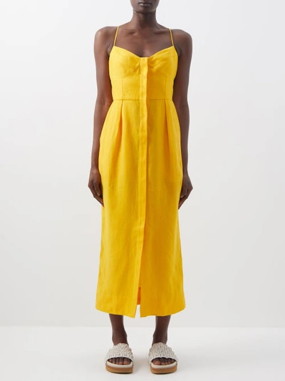 Three Graces London Sage Button-front Linen Dress In Yellow | ModeSens