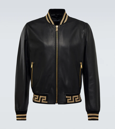 Versace Leather Jacket With Contrasting Greca Motif In Black