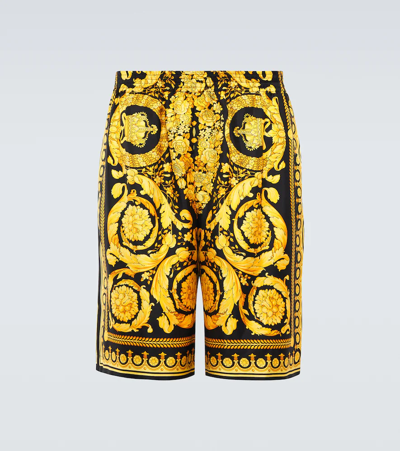 Versace Barocco-print Silk Shorts With Elasticated Waistband In Brown