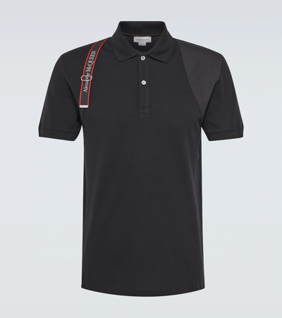 Alexander Mcqueen Logo Tape Harness Detail Short Sleeve Cotton Polo Shirt In Black